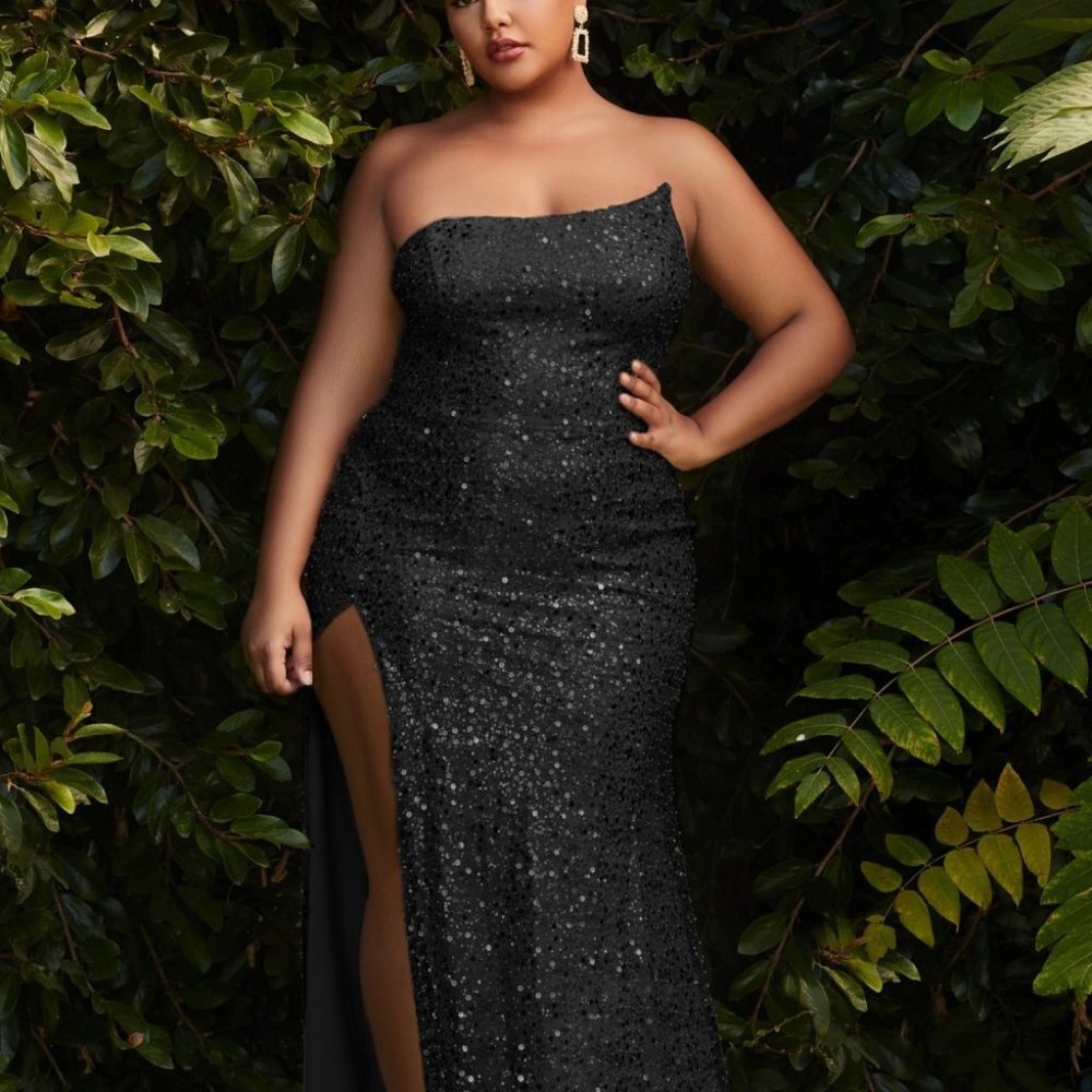new BLACK Plus Size PROM STRAPLESS A-SYMETRICAL CURVY FIT SEQUIN GOWN DRESS …